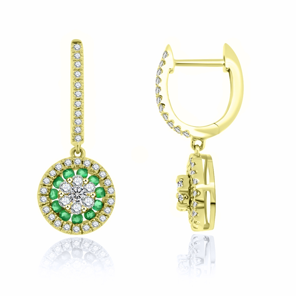 Cercei Suspendați din aur galben cu pietre Diamant, Smarald