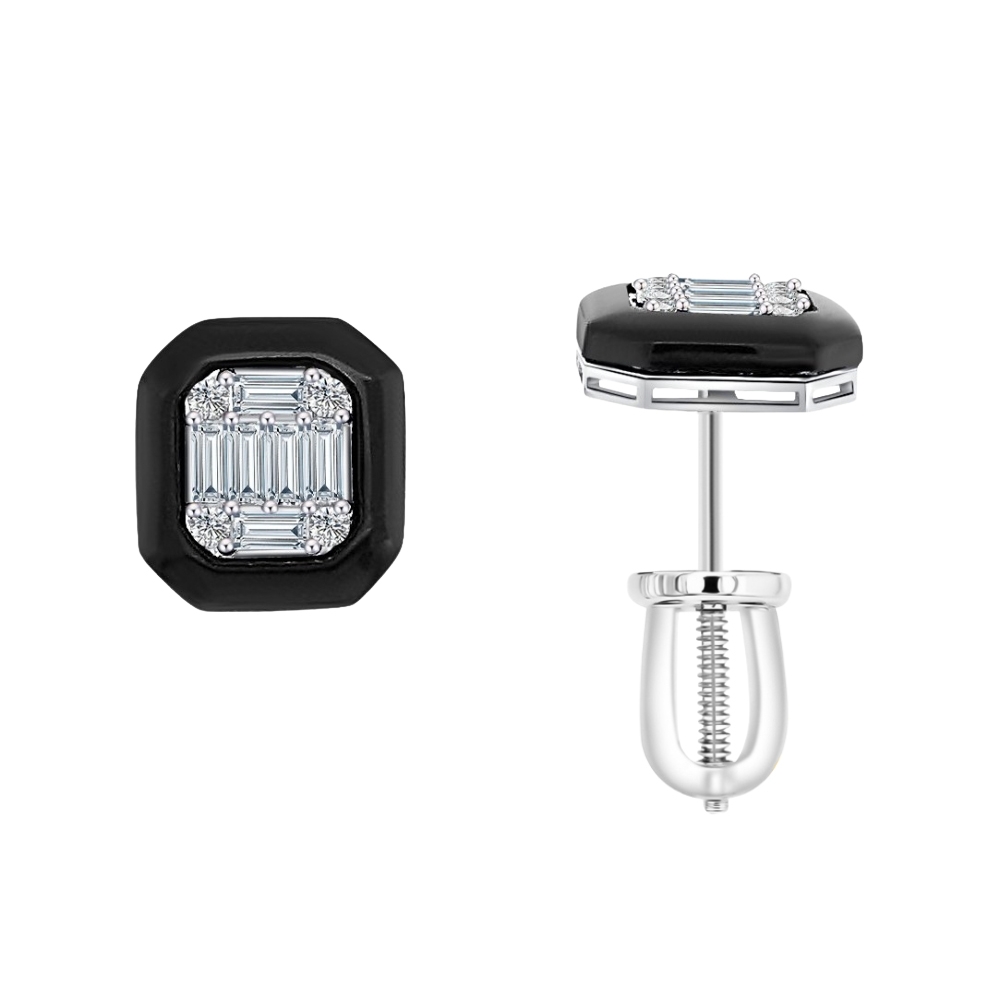 Cercei Pusete din aur alb cu pietre Diamant, Onix negru