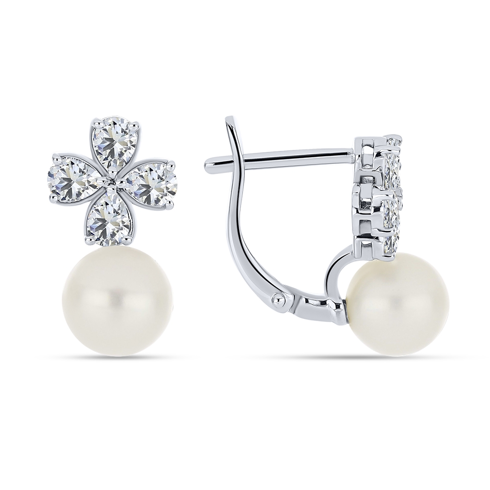 Cercei din argint  cu pietre Cubic Zirconia Incolor, Perla Imit.