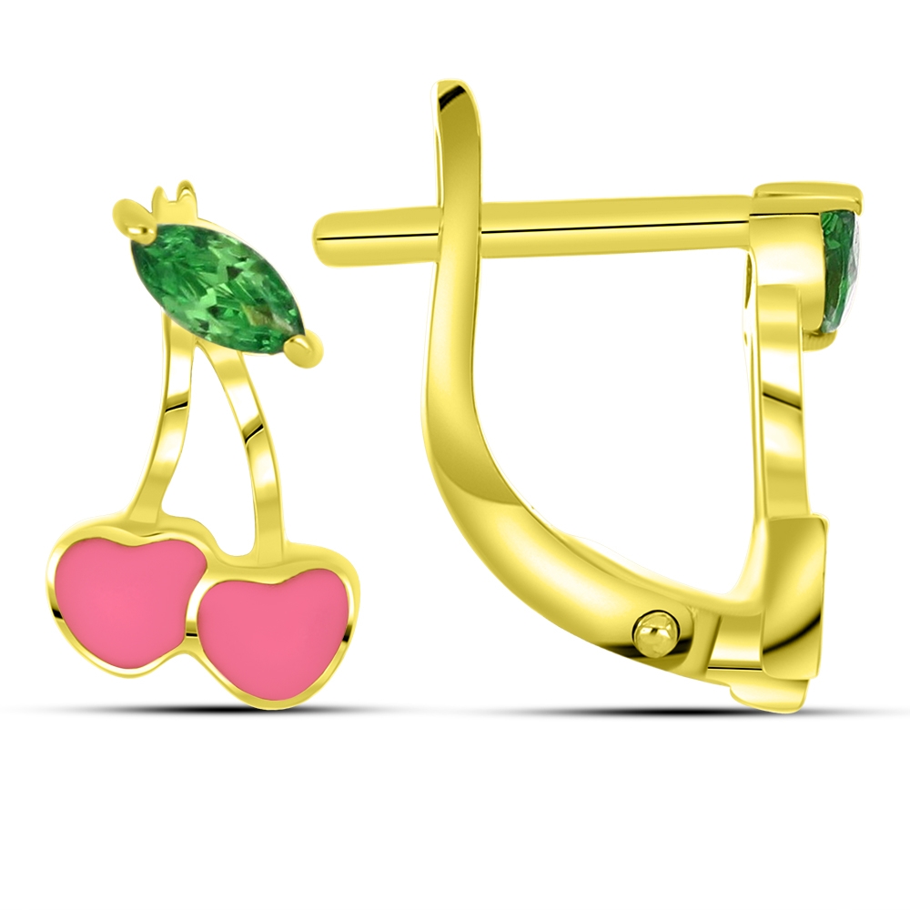 Cercei p-u copii din aur galben cu pietre Cubic Zirconia Verde, Finift