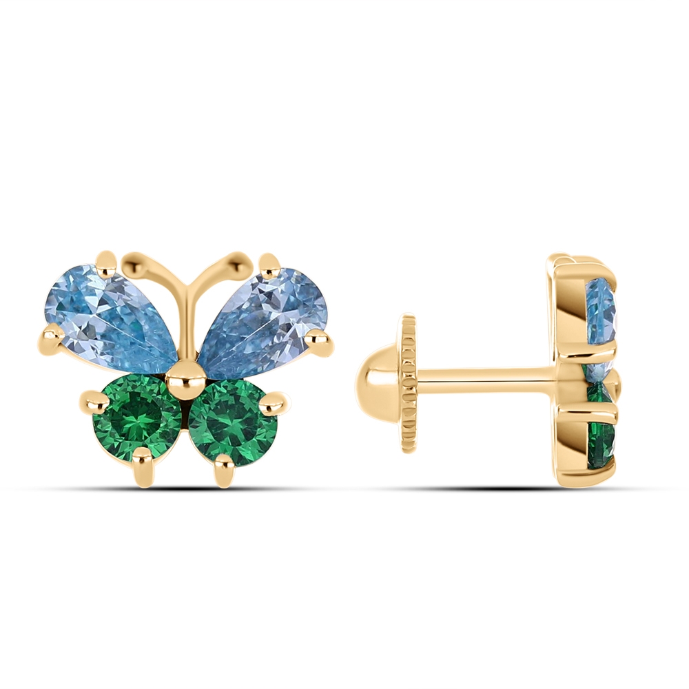 Cercei p-u copii din aur roz cu pietre Cubic Zirconia Albastru, Cubic Zirconia Verde