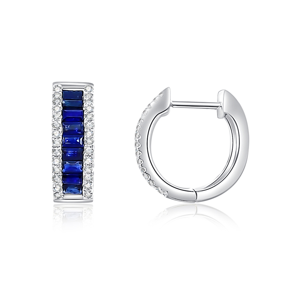 Cercei Creole din aur alb cu pietre Diamant, Safir