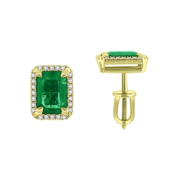 Cercei Pusete din aur galben cu pietre Diamant, Smarald