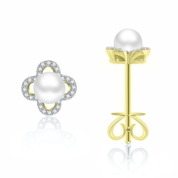 Cercei Pusete din aur galben cu pietre Diamant, Perla Albă