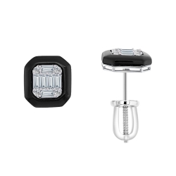 Cercei Pusete din aur alb cu pietre Diamant, Onix negru