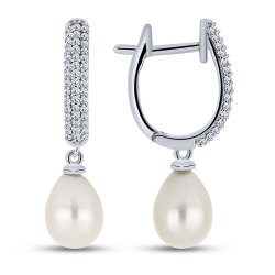 Cercei Creole din argint  cu pietre Cubic Zirconia Incolor, Perla Albă