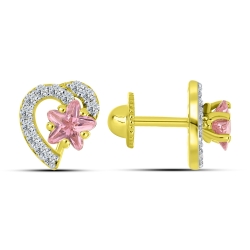 Cercei p-u copii din aur galben cu pietre Cubic Zirconia Roz, Cubic Zirconia Incolor